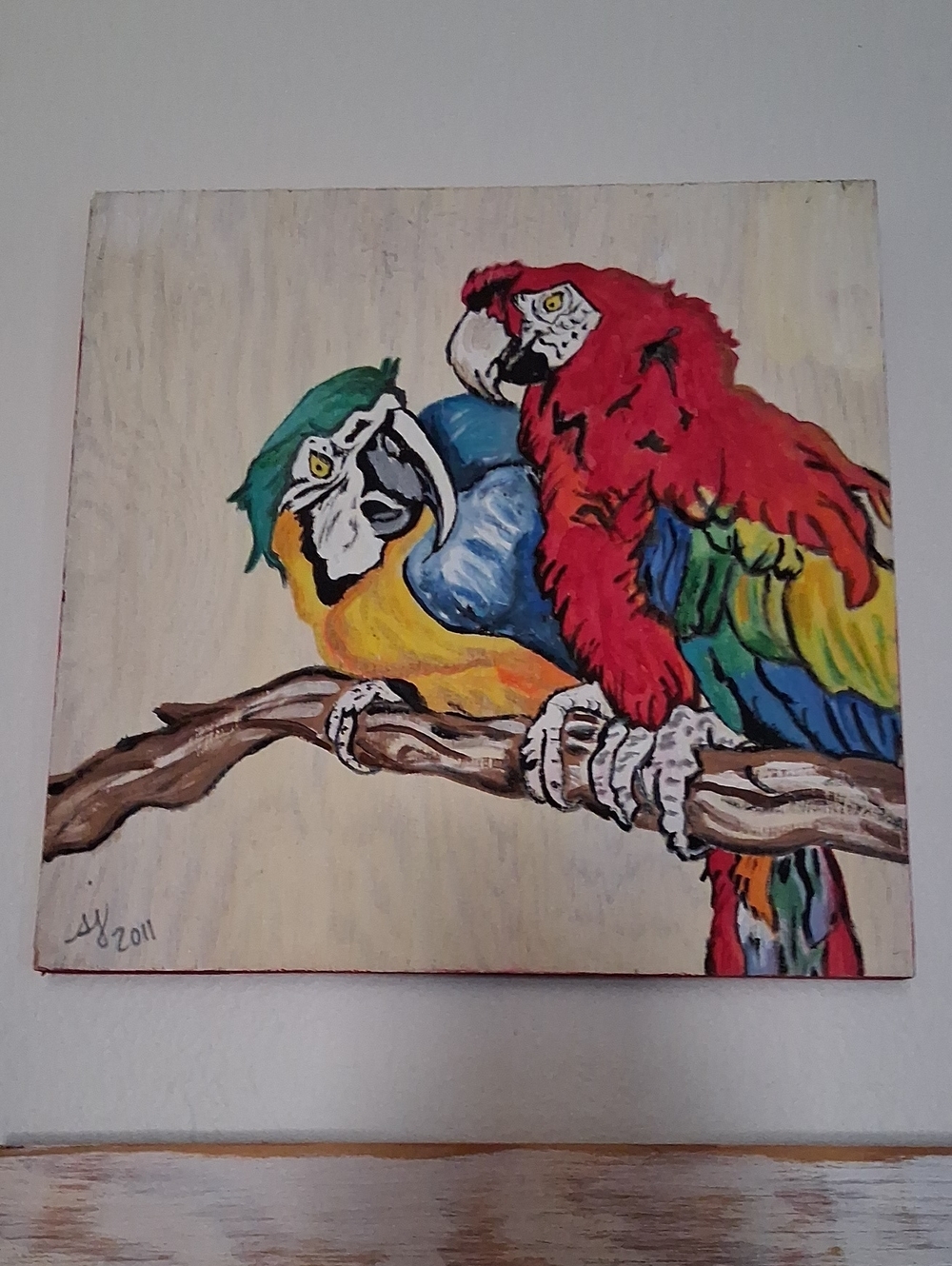 Stephanie Johnson Tropical Parrots Paibting On Wood in Red, Blue, Green, Yellow